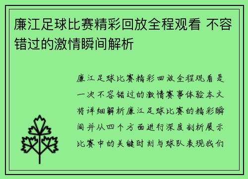 廉江足球比赛精彩回放全程观看 不容错过的激情瞬间解析